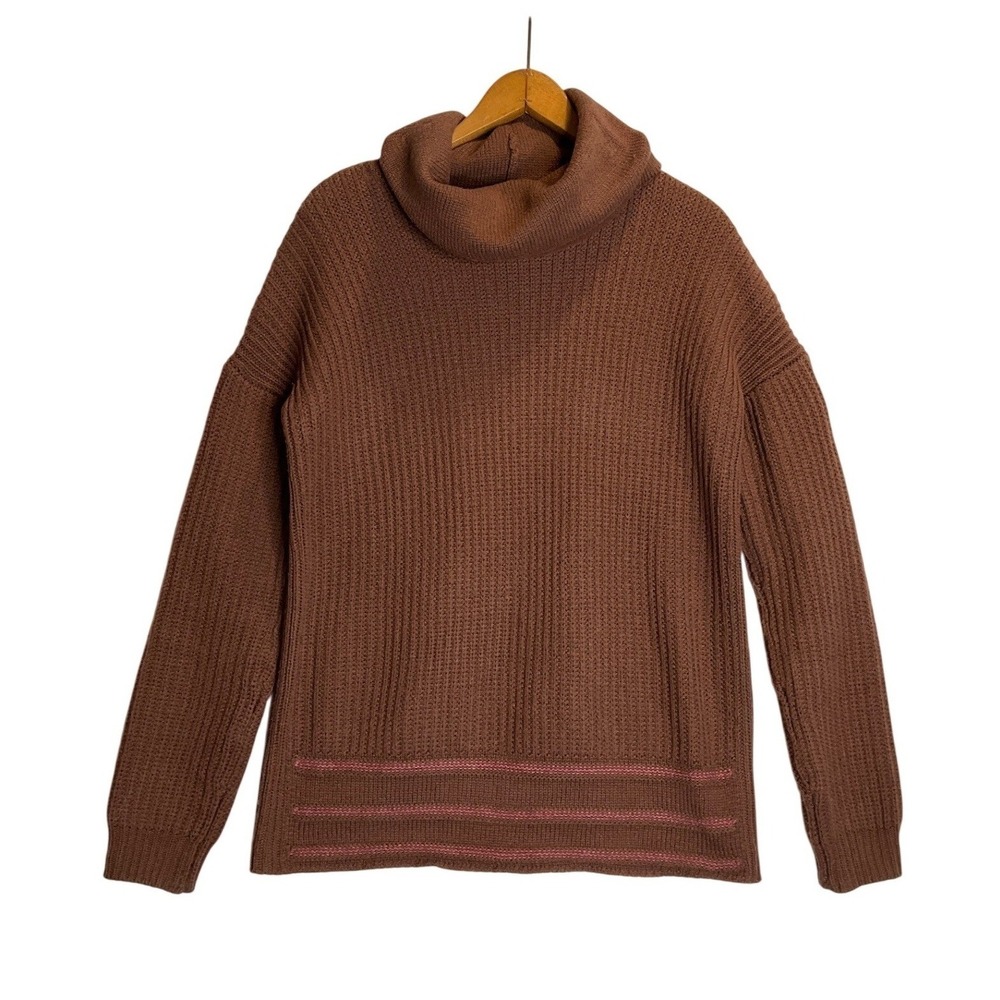Prana Wool Sweater Brown Pink Stripes Chunky Cowl Neck Ribbed Pullover Tunic M
